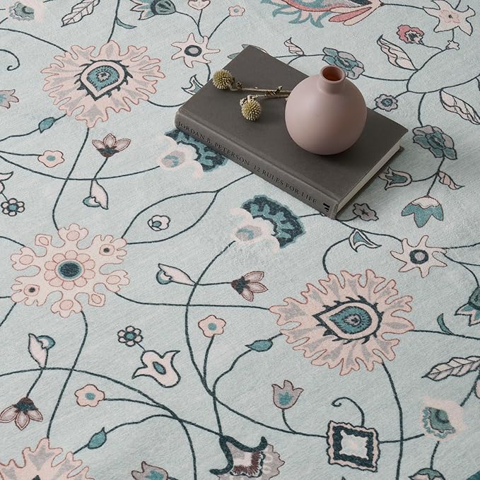 EVERGRACE Area Rugs for Living Room 9x12, Boho Floral Faux Wool Indoor Outdoor Rugs, Washable Rugs for Bedroom Dining Room Entryway Kitchen, Low Pile Floor Mat Carpet for Home Decor, Pale Blue