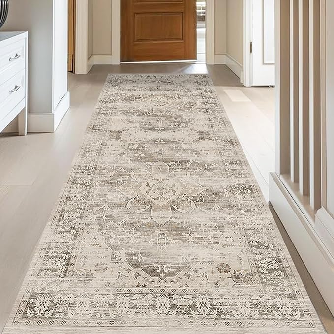 Washable Runner Rugs for Entryway 2x6 Non-Slip Low Pile Vintage Runners for Bedside Hallways Beige