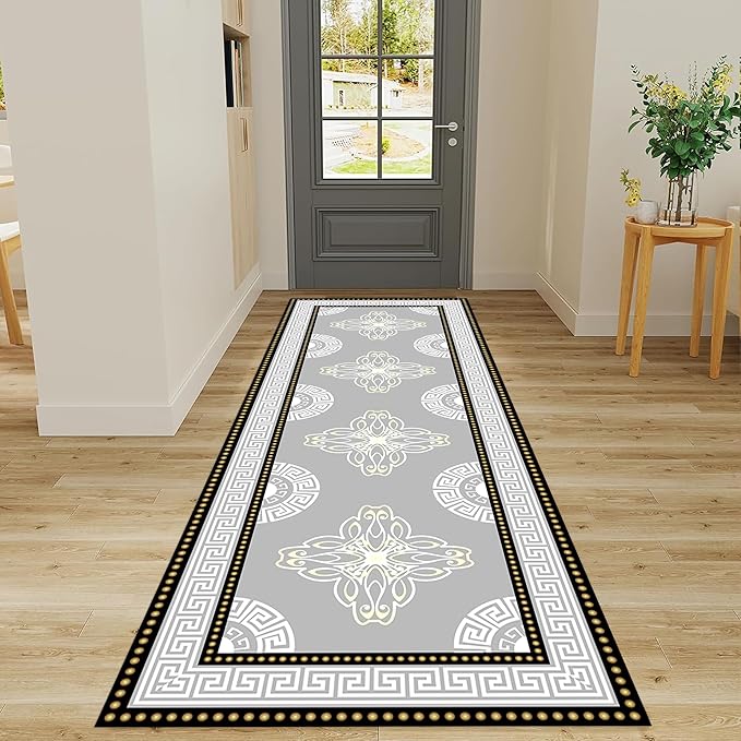 Boho Long Runners Carpet, 3.3x10ft, Modern Geometric Bohemian Print with Greek Key Grey Long Hallway Rug, Low-Profile Non Slip Rubber Backed Flat Rugs for Relax Room Entryways