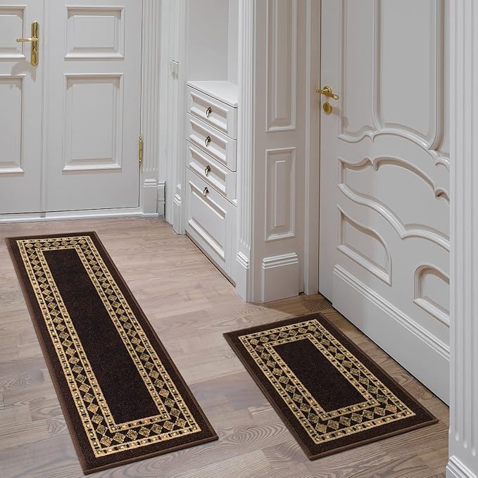 Antep Rugs Alfombras Modern Bordered 2pc Non-Skid (Non-Slip) Low Profile Pile Rubber Backing Indoor Kitchen Runner Rugs (Brown Beige, 2pc Set)