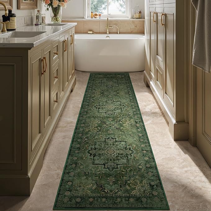 Tranditional Medallion 2x8 Dark Green Runners for Hallways Entryway, Low Pile Washable Non Slip Distressed Printed Carpet Runner Rug 8ft for Kitchen/Bedroom Bedside/Laundry Room/Bathroom