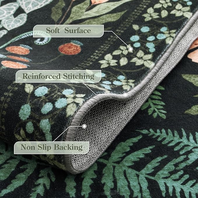 Floral Boho 3x5 Black Bathroom Entryway Kitchen Rug Non Slip Washable, Botanical Flower Area Rugs for Bedroom, Soft Modern Indoor Throw Carpet for Laundry Living Room Entrance (Black,3 x 5)