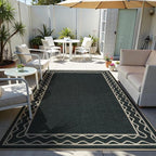 OJIA Easy Jute Washable Rugs 8x10, Large Outdoor Patio Rug Washable Living Room Rug Farmhouse Indoor Outdoor Carpet Wavy Border Modern Non-Slip Black Rugs for Bedroom Backyard Deck Decor
