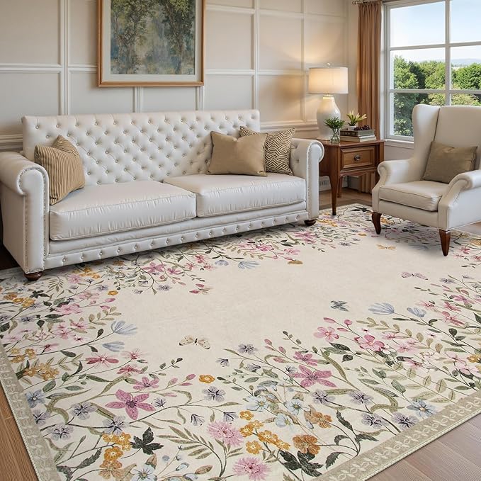 Wonnitar Washable 6x9 Area Rugs, Large Living Room Rug, Non-Slip Soft Floral Rugs for Bedroom, Botanical Area Rug Carpet for Dining Room Guest Room (Beige,6'x9')