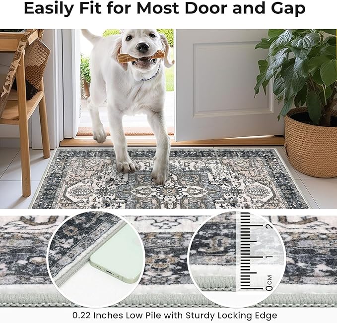 KOZYFLY Boho Area Rug 5x7 Ft Thin Washable Rugs for Living Room Faux Wool Throw Carpet Printed Non Slip Rug for Entryway Bedroom Dining Room Living Space, Black/Taupe/Beige