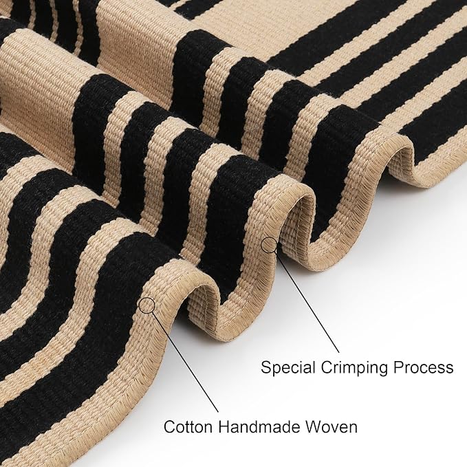 Black and Khaki Striped Rugs 3x5, Outdoor Cotton Hand Woven Front Door Mat,Washable Reversible Layered Door Mats, Foldable Front Porch Rug for Entryway/Home Entrance/Farmhouse
