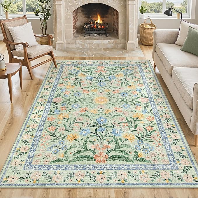 Lahome Sage Green 6x9 Bedroom Rugs, Boho Washable Rugs for Living Room, Soft Wool Carpet for Nursery, Vintage Low Pile Carpet for Kids Playroom Girls, Tea Green