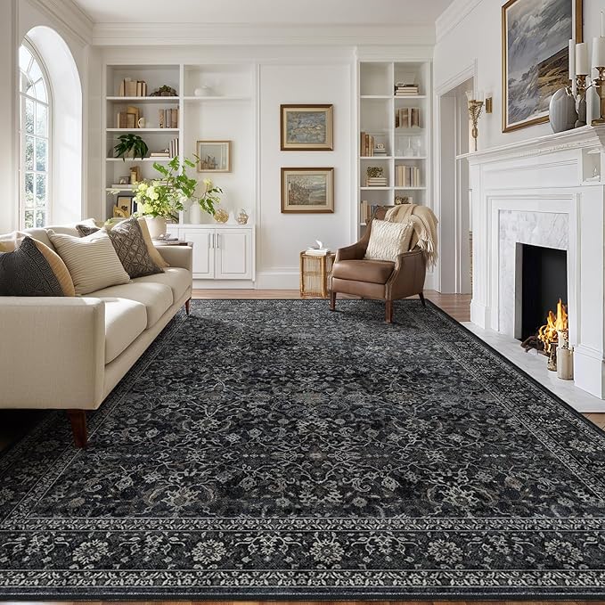 Vintage Charcoal 8x10 Area Rugs for Living Room, Retro Dark Earth Tone Carpet Rug for Bedroom Dining Room, Low Pile Thin Washable Non Slip Room Rug for Home Office Family Room