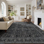 Vintage Charcoal 8x10 Area Rugs for Living Room, Retro Dark Earth Tone Carpet Rug for Bedroom Dining Room, Low Pile Thin Washable Non Slip Room Rug for Home Office Family Room