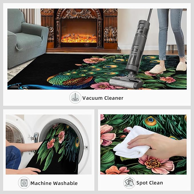Peacock Peony Rugs for Bedroom - 3x4 Rug, Classic Peacock Peony Area Rugs for Living Room, Teal Turquoise Carpet, Floral Plant Washable Area Mat, Aesthetics Carpet - Peafowl Home Decor & Gifts
