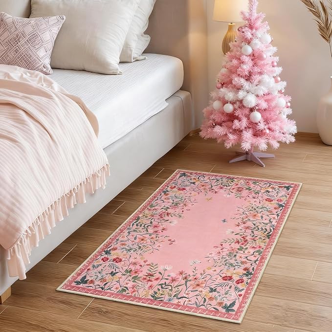 Wonnitar 2x3 Pink Bathroom Rugs Non Slip Washable, Floral Small Area Rugs for Entryway, Low Pile Soft Door Mat Indoor Entrance Throw Carpet for Kitchen Bedside Laundry Room (Pink,2'x3')