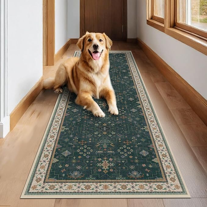 Dark Green 2x8 Non Slip Kitchen Runner Rugs - Modern Vintage Boho Eclectic Floral Pattern, Washable Low Pile Non-Slip 8ft Long Runner Rugs for Hallway, Entrance