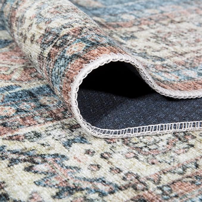 Bloom Rugs Caria Washable Non-Slip 7 ft Runner - Coral Pink/Ocean Blue Traditional Runner for Entryway, Hallway, Bathroom, and Kitchen - Exact Size: 2'6" x 7'