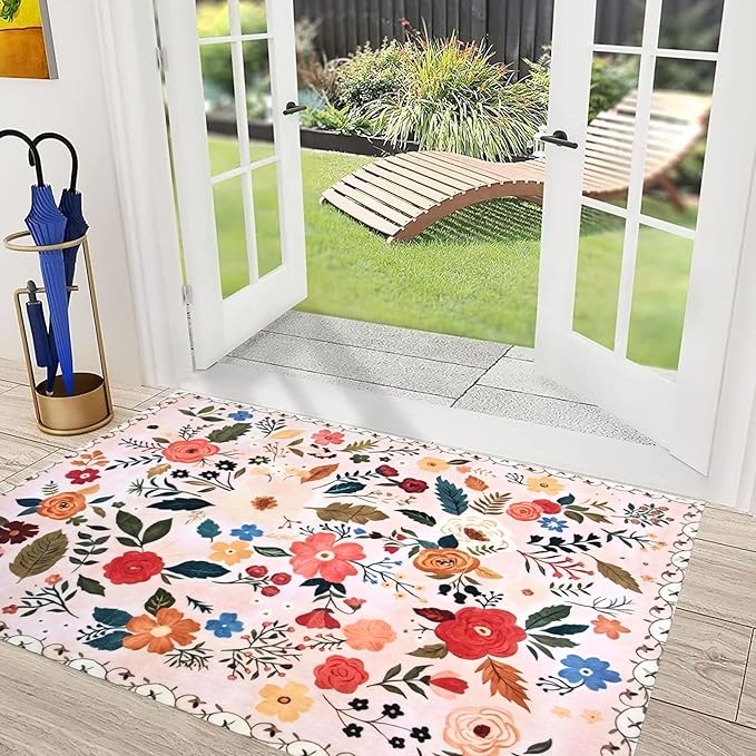 Floral Rug Door Mat Indoor Entrance 2x3 Rug Washable Small Area Rug Non-Slip Low-Pile Floor Carpet for Indoor Entryway Front Entrance Kids Room（Pink）