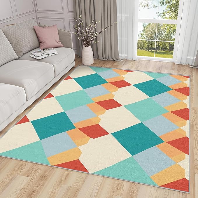 Geometric Large Area Rug - 7x10 Rug - Colorful Retro Mid Century Modern Rugs for Living Room Non Slip Low Pile Machine Washable Area Rugs, Geometric Carpets Home Decor & Gifts