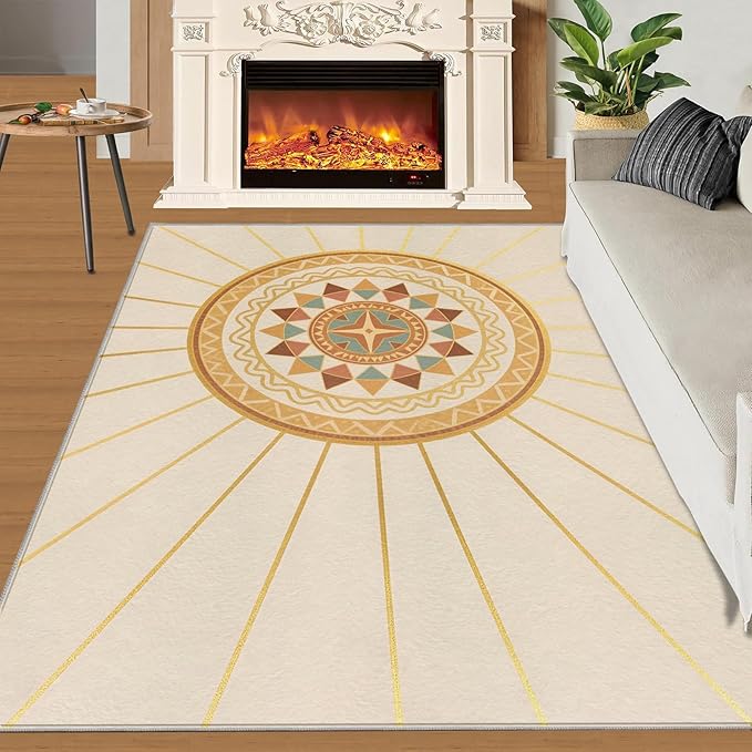 Boho Sun Area Rugs 5x7ft, Minimalist Line Rugs for Living Room, Geometric Solar Floor Rug Sturdy and Non-Shedding for Bedroom Hardwood Floors Teen Room