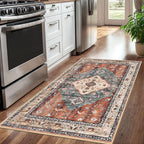 KOZYFLY Boho Area Rug 3x5 Ft Rugs for Entryway Washable Entry Rug Non Slip Door Mat Indoor Entrance Rust/Orange/Blue Printed Faux Wool Vintage Kitchen Rug Throw Rugs for Entrance Kitchen Living Room
