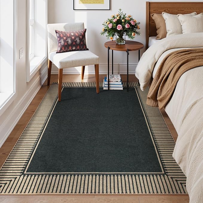 Moynesa Striped Border Easy Jute Outdoor Rug 5x7 Area Rugs for Living Room, Washable Indoor Outdoor Patio Rug Non Slip Low Pile, Black Farmhouse Carpet for Backyard Bedroom Dining Room