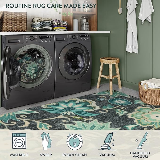 Lahome Floral Runners for Hallways - 2x6 Kitchen Runner Rugs Non Skid Washable Non-Slip Laundry Room Rug Throw Low-Plie Entryway Rug Blue Paisley Print Carpet Runner for Bedroom Bathroom Living Room