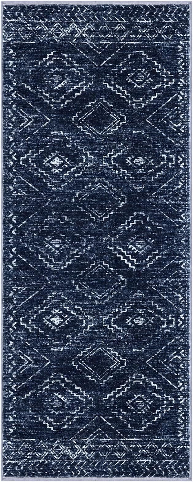 KILOCOCO Boho Kitchen Runner Rug 2x5 Washable Runner Rug, Soft Runners for Hallways Non Slip Printed Distressed Laundry Room Rugs, Low-Pile Rugs for Entryway/Bedroom/Living Room, Dark Blue