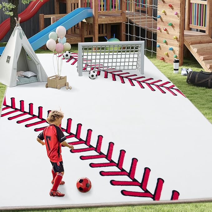 Baseball Soft Area Rug, Cute Bedside Shag Rug for Kids Toddlers Teens, Baseballs Lovers Room Decor Indoor Carpet for Kids Room Bedroom Living Room, Nursery, Machine Washable 8x10 FT