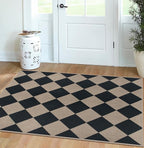 Easy Jute Checkered Area Rug, 3x5 Indoor Outdoor Door Mat Washable Black Modern Diamond Kitchen Rugs, Non-Slip Neutral Farmhouse Throw Carpet for Living Room Patio Kids Room