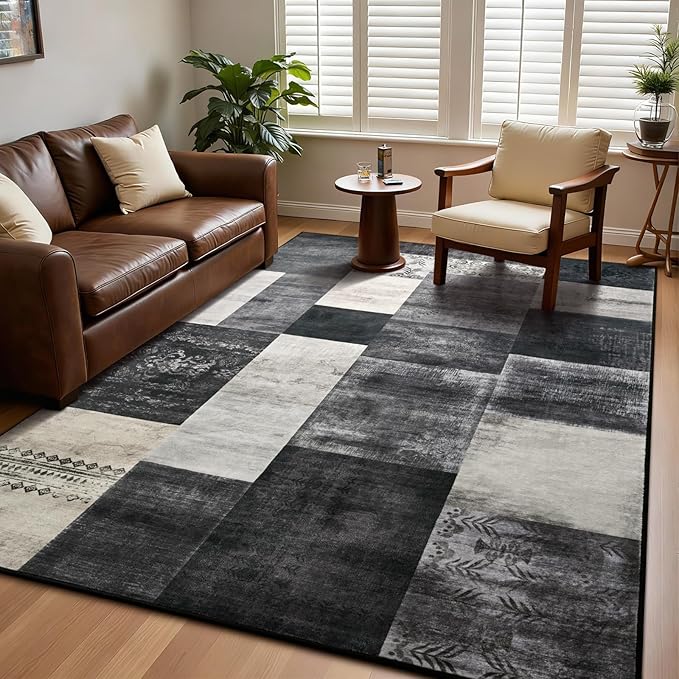 DweIke Large Modern Washable Area Rugs 8x10, Living Room Rug Non-Slip and Non-Shedding Large Rugs for Bedroom, Low Pile Indoor Rubber Backed Carpets for Dining Office Home Decor, Black and White