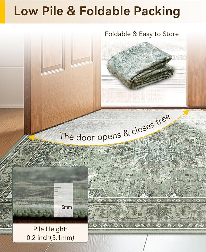 Area Rugs 2'x8' Washable Non-Slip, Floral Vintage Distress Print Pattern Medallion Carpet for Living Room Bedroom Dining Room, Dark Green Gray