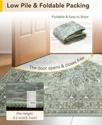 Area Rugs 8'x10' Washable Non-Slip, Floral Vintage Distress Print Pattern Medallion Carpet for Living Room Bedroom Dining Room, Dark Green Gray