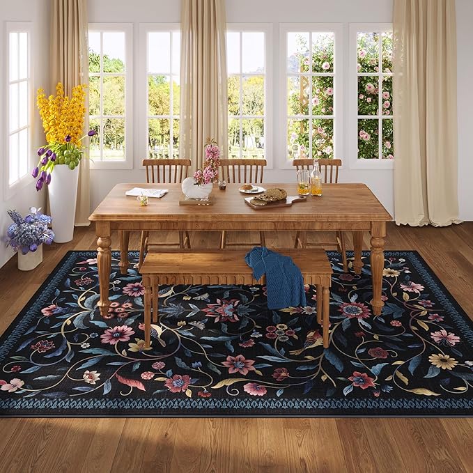 Vintage Medallion Floral 5x7 Area Rugs, Machine Washable Non-Slip, Low Pile Soft Carpet for Living Room, Bedroom, Dining Room, Farmhouse, Kids Playroom, Office | Blue