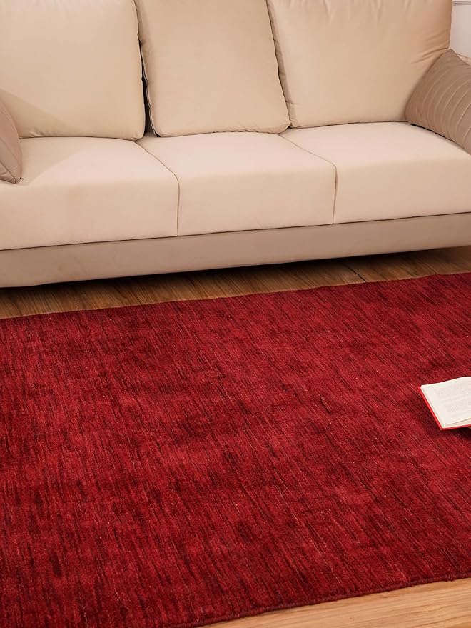 Rugsotic Carpets Hand Knotted Loom Wool ECO-Friendly Area Rugs - 8'x10', Rectangle, Red Color, Solid Plain Design, High Pile Thick Handmade Anti Skid Area Rugs for Living Room, Bed Room (L00111)