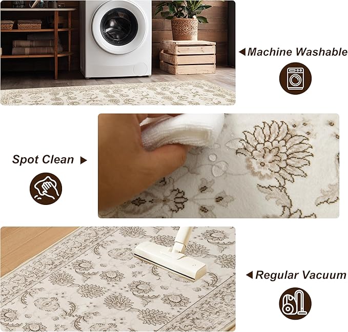 XWZO Washable Hallway Runner Rug 2x8ft — Non-Slip Low Pile Area Rug with Rubber Backing, Spill Resistant Soft Vintage Floor Carpet Runner for Kitchen Entryway Doorway Bedroom Corridor, Beige