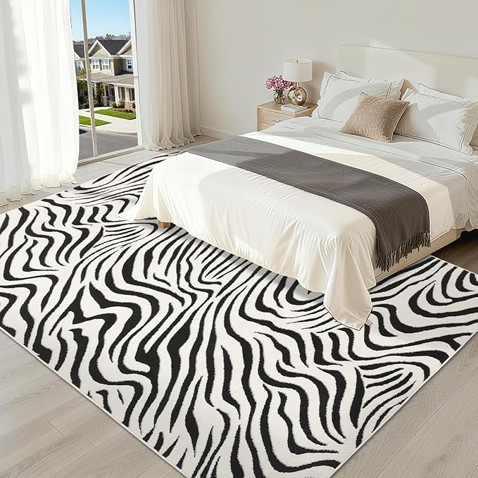 YIHOUSE 6×9 Ft Area Rugs for Living Room: Modern Washable Rug - Abstract Black and Cream White Rug for Bedroom Dining Room Office Playroom Nursery Home Decor - Nonslip Non-Shedding Striped Rugs