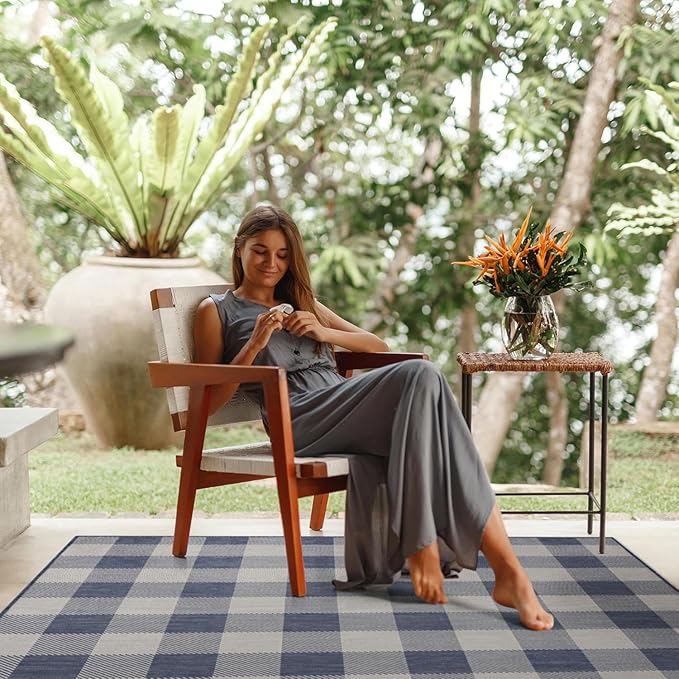 CAMILSON Outdoor Rug - Modern Area Rugs for Indoor and Outdoor Patios, Kitchen and Hallway mats - Easy Cleaning Non Shedding Washable Outside Carpet (6x9, Buffalo - Blue/White)