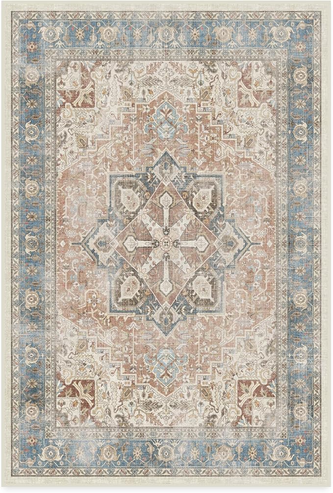 RUGGABLE Washable Vintage Area Rug – Kamran Coral 4x6, Stain-Resistant, Non-Slip – Medium Machine Washable Rugs for Living Room, Bedroom, Hallway, Entryway & Office–with Cushioned Pad