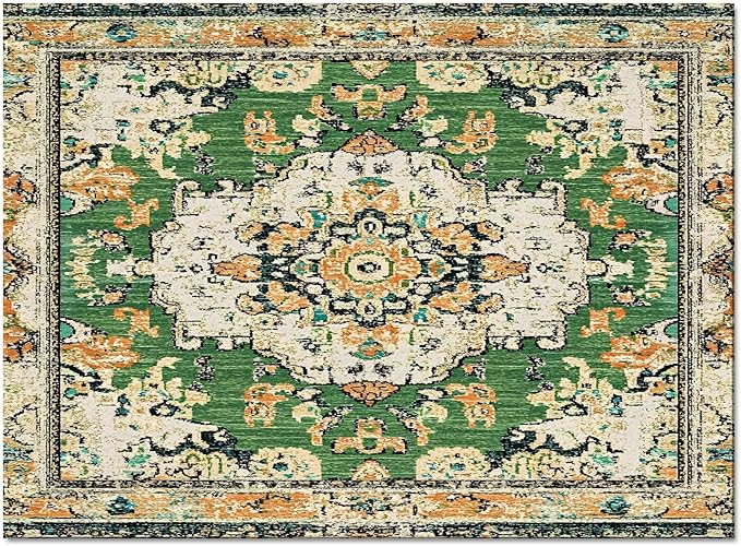 Bohemian Pattern Rectangular Area Rugs for Living Room Bedroom 2.8 x 5 ft Green & Orange Abstract Non-Shedding Soft Low Pile Rug Non Slip Washable Rug for Nursery Entryway Playroom