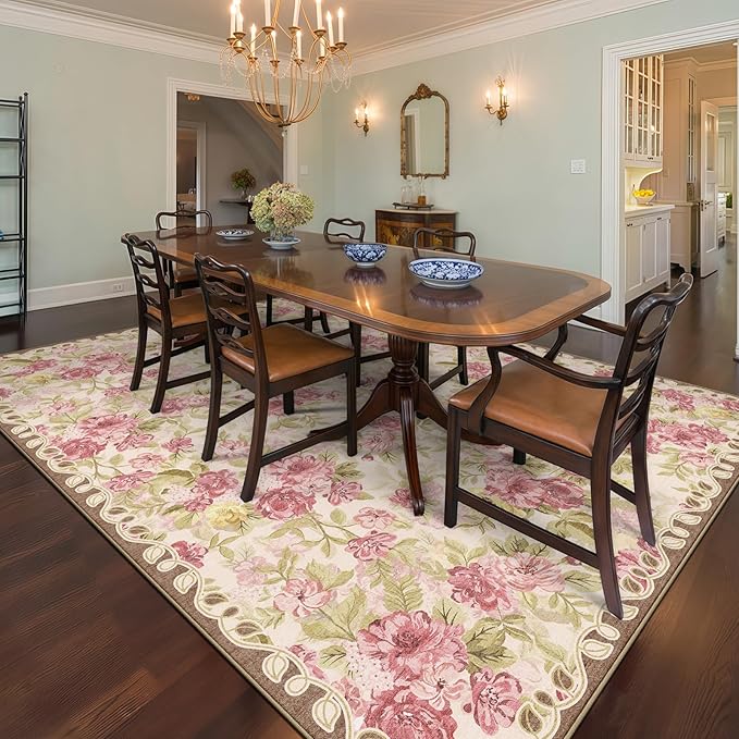 8x10 Machine Washable Area Rug for Living Room, Pink Vintage Boho Floral Rug Large Non-Slip Low Pile Soft Faux Wool Carpet, Kids and Pets Friendly for Bedroom Dining Room Farmhouse Home Decor Rug
