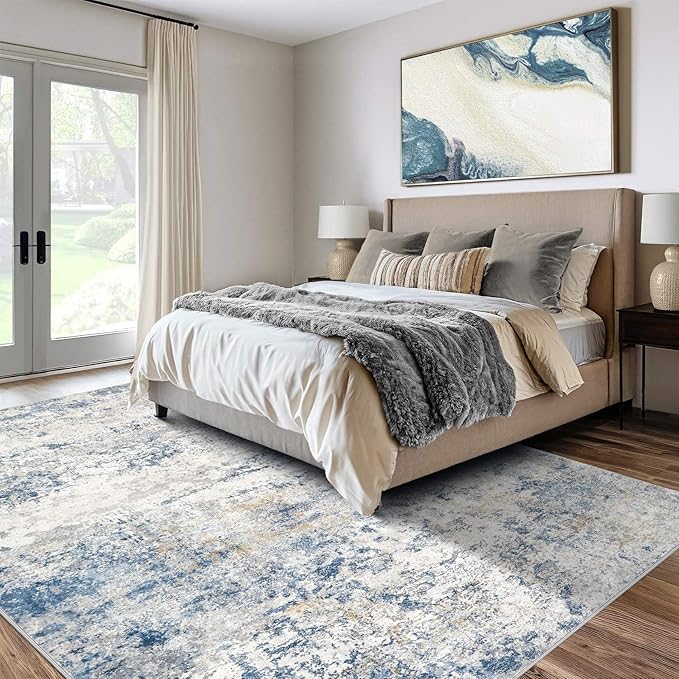 Area Rug Living Room Rugs - 6x9 Abstract Large Soft Indoor Washable Rug Neutral Modern Low Pile Carpet for Bedroom Dining Room Farmhouse Home Office - Blue