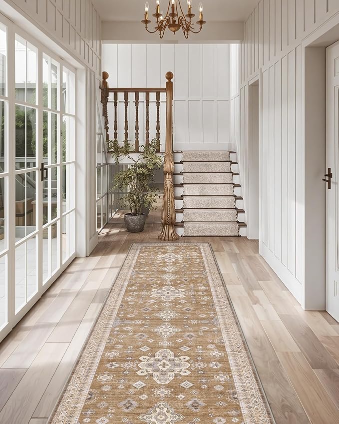LUMI Runner Rug 3x7, Washable Non-Slip Hallway Throw Rugs, Long Soft Thin Vintage Oriental Kitchen Mats, Low-Pile Indoor Kitchen Entryway Area Rug, Amber