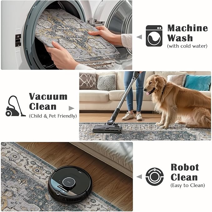 jinchan Area Rug 5x7 Vintage Washable Bedroom Rug Floral Medallion Lightweight Non Slip Thin Retro Classic Soft Boho Floor Cover Farmhouse Carpet for Living Room Dining Room Kitchen Grey
