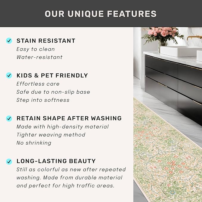 Light Beige Green Area Rugs for Dining Room, 6x9 Washable Area Rug for Bedroom, Living Room, Nursery Room, Kids Play Room, Low Pile Non-Slip - Vintage Design & Stain Resistance
