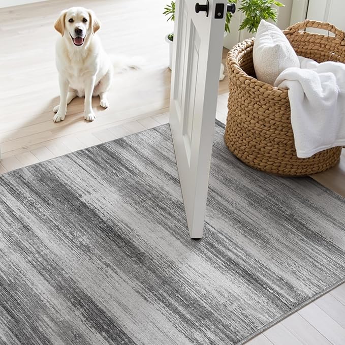 PADOOR Modern Abstract Runner Rug - 2x6 Washable Hallway Rugs, Ultra Soft Non-Slip Low Pile Floor Rugs for Hallway Entryway Kitchen Bedroom Bedside Laundry Room Black