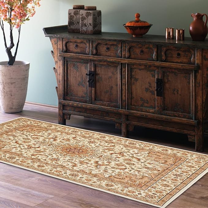 COMSLE Boho Area Rug, 2' x 4' Machine Washable Rugs for Entryway Faux Wool Small Rugs Distressed Throw Rug Non-Slip Floor Carpet for Indoor Bedroom Kitchen Living Room Cream/Beige-2