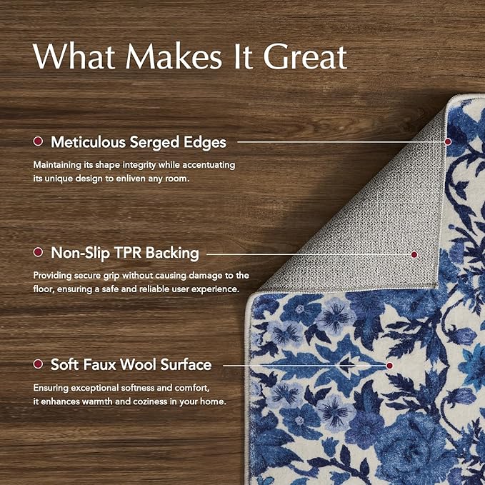 EVERGRACE Area Rugs for Living Room 9x12, Boho Floral Faux Wool Indoor Outdoor Rugs, Washable Rugs for Bedroom Dining Room Entryway Kitchen, Low Pile Floor Mat Carpet for Home Decor, Celtic Blue