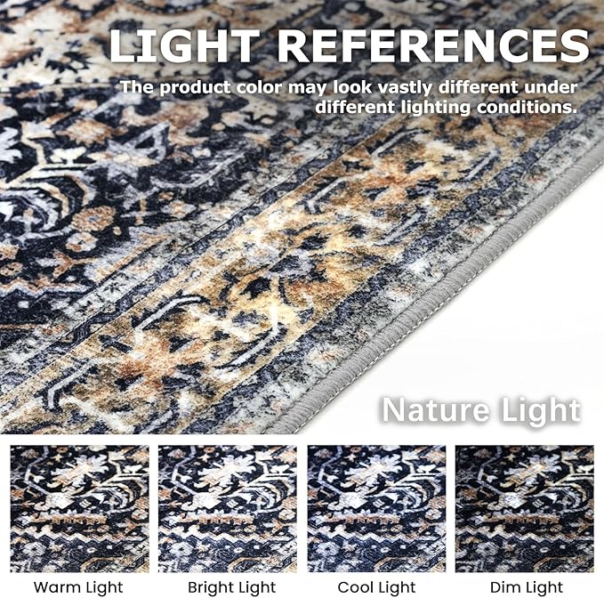 KOZYFLY Boho Area Rug 6x9 Ft Thin Rugs for Living Room Washable Bedroom Rug Non Slip Rugs for Living Room Gold Navy Printed Faux Wool Vintage Bedroom Rug Floor Carpet for Dining Room