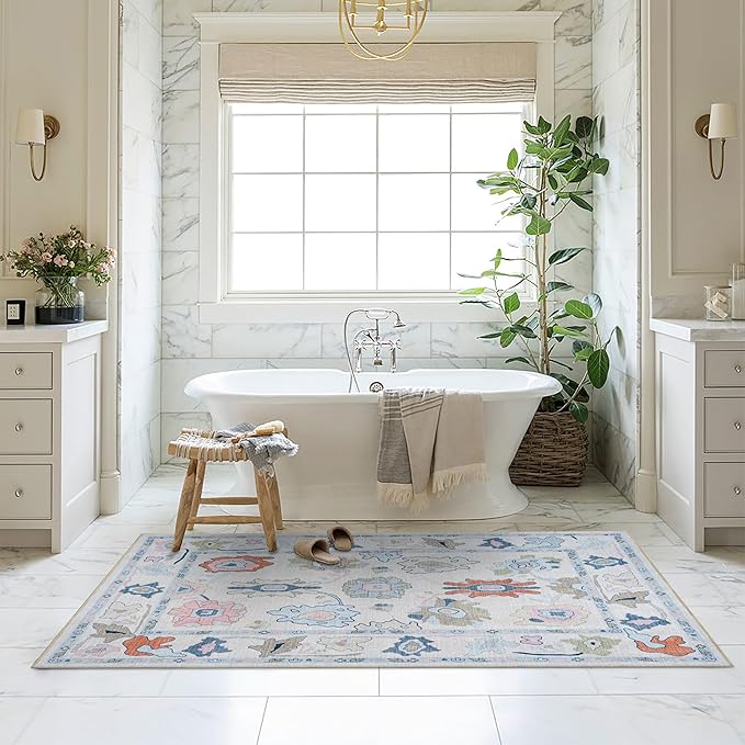 Fame Living Cream Oushak Rug, Modern, Vintage, Turkish, Eclectic, Floral, Pastel, Washable, Large Area Rugs for Living Room, Dining, Bedroom, Girls, Boys, 7'5"x9'8"