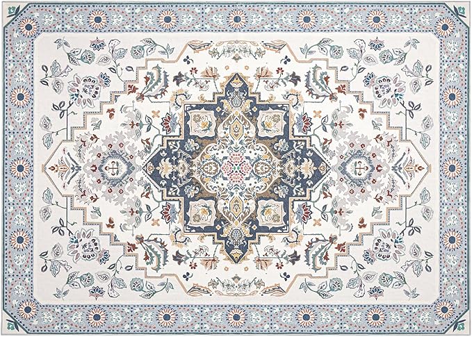 Phantoscope Washable Area Rug 5'x7' Non-Slip, Vintage Boho Rugs for Living Room, Bedroom, Dining Room, Persian Floral Medallion Pattern, Low-Pile Foldable Floor Carpet, Ivory Blue/Garden Bloom