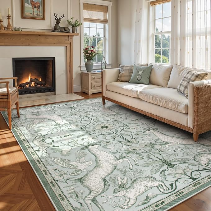 Lahome Boho Animal Washable Rugs for Living Room 8x10, Green Soft Rugs for Bedroom, Botanical Large Boho Non Slip Dining Room Carpet for Under Table Office Kids Playroom (8x10ft,Light Green)