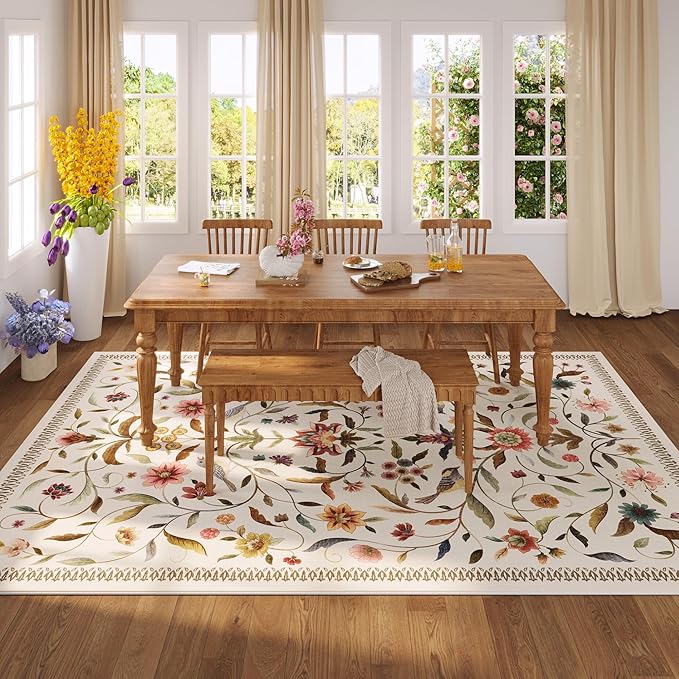Vintage Medallion Floral 5x7 Area Rugs, Machine Washable Non-Slip, Low Pile Soft Carpet for Living Room, Bedroom, Dining Room, Farmhouse, Kids Playroom, Office | Beige