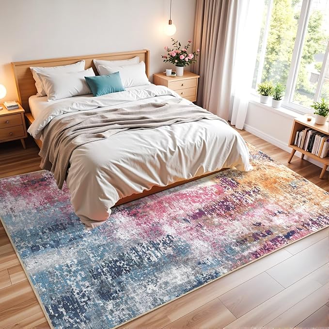 Washable Abstract Rug, 4x6 Modern Area Rugs with Non-Slip Rubber Backed for Living Room, Thin but Soft Contemporary Carpet Kitchen Bedroom Decor, Galaxy